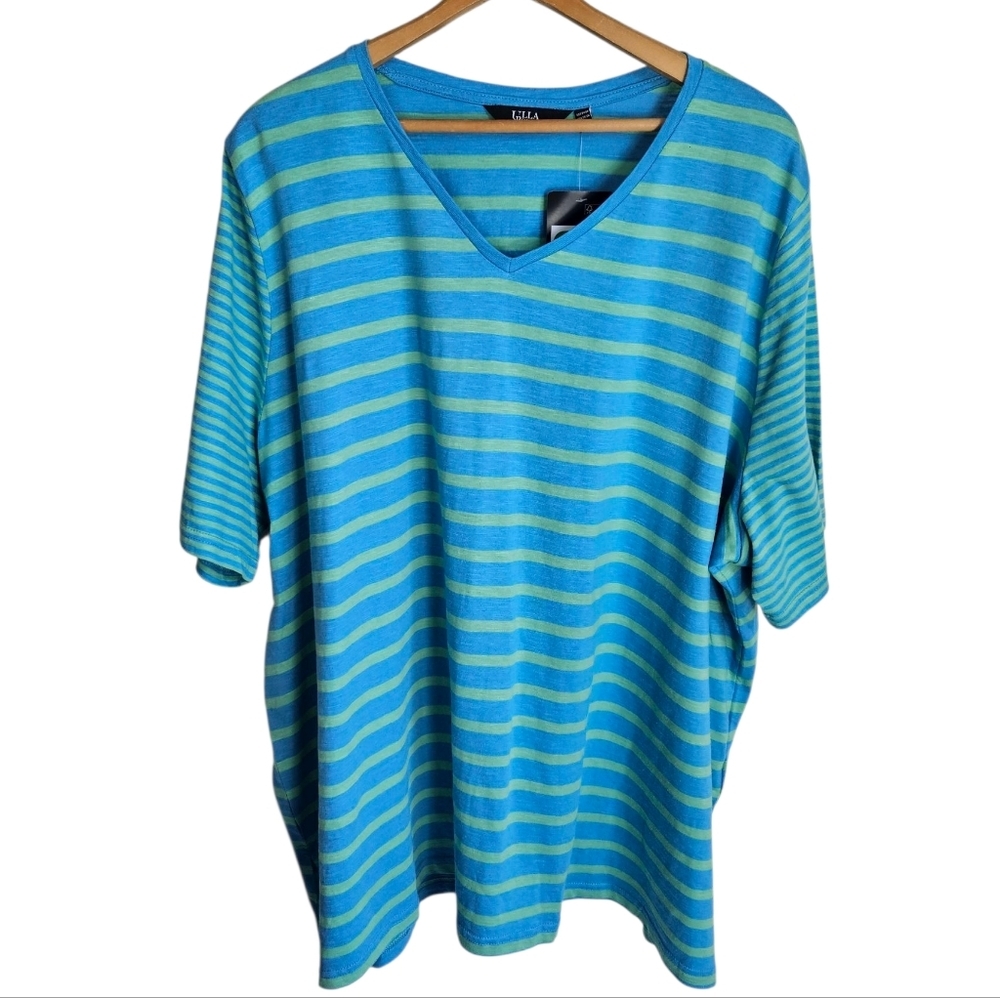 Ulla Popken Fun Blue and Green Striped Short Sleeve Vneck T-shirt Jeresy Top, 3X